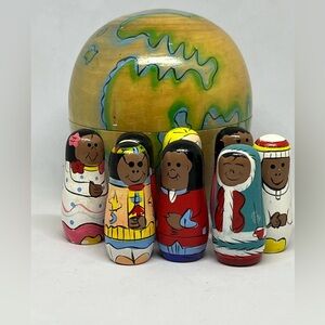 Hand-Painted Wooden Nesting Dolls with Globe Case: